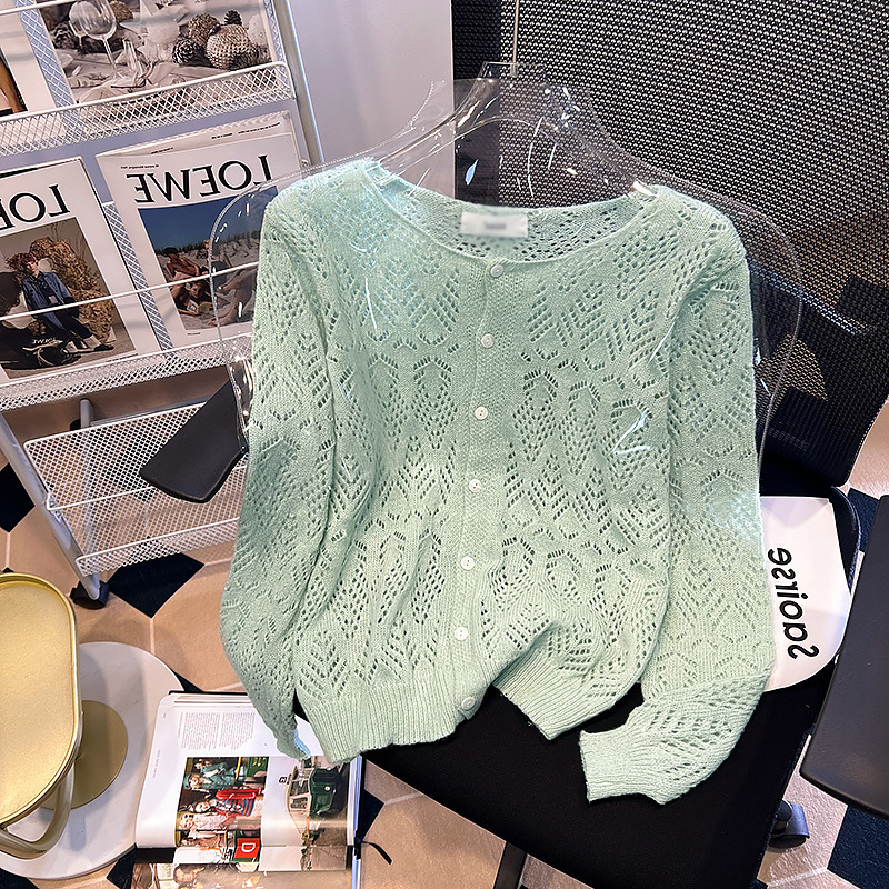 Women's Autumn Crew Neck Hollow out Gentle Sweaters Cardigan Blue - Shop at LoveMi