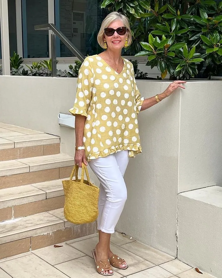 Short Sleeve V-collar Polka Dot Printed Cotton And Linen T - Yellow Without Pockets