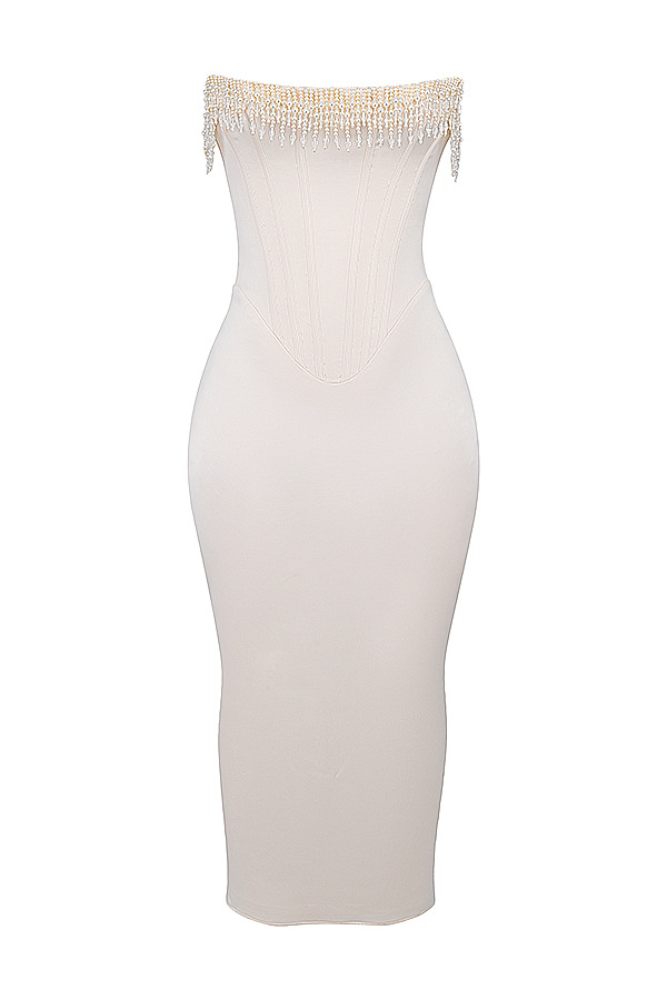 Solid Color Sleeveless Cold-shoulder Pearl Fishbone Dress Skirt Women's Dress