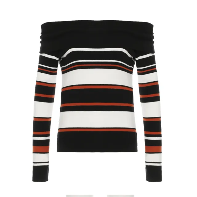 American style Casual Contrast Color Striped Off shoulder Sweater Black - Shop at LoveMi