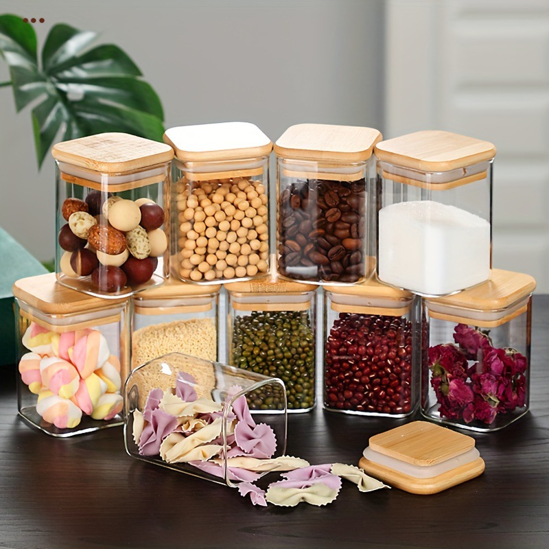 Transparent Square Glass Jar 12-piece Set With Bamboo Cover Storage Tank Suit