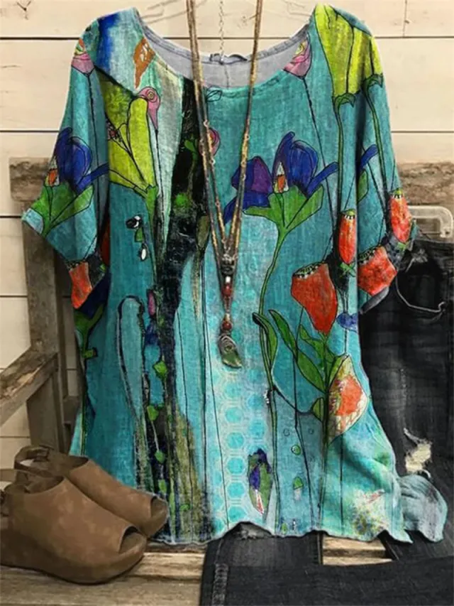 Pattern Printed Loose Short Sleeve Round Neck Shirt Ht02 S - Shop at LoveMi
