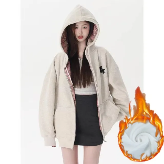 Patchwork Lining Checked Cloth Hooded Sweater Women's Long sleeved Coat Fleece Lined - Shop at LoveMi