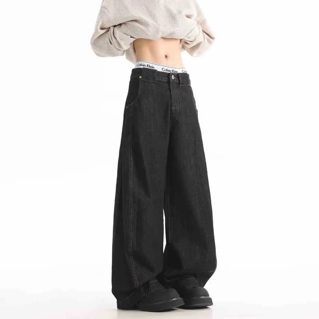 American Retro Washed Worn Jeans Women's Loose Straight - Black