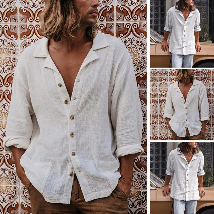Double-layered Pleated Mens Relaxed-fit Casual Long-sleeve Shirt With A Cuban Collar