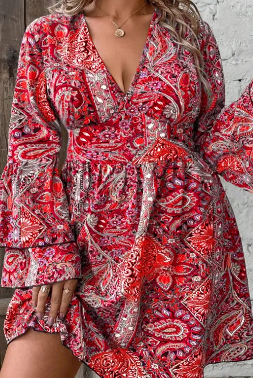 Fashion Printed V neck Plus Size Plump Girls Bell Sleeve Dress Red - Shop at LoveMi