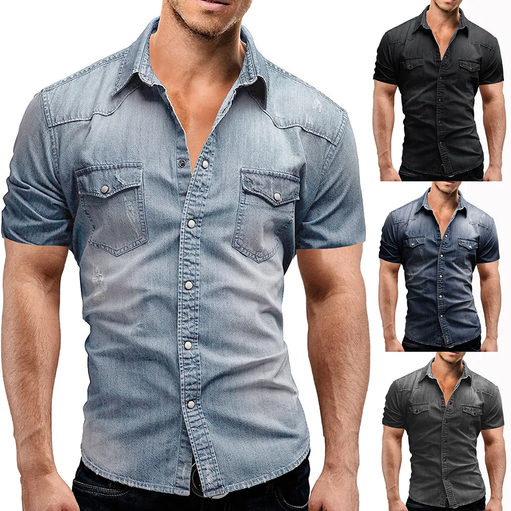 Casual Solid Color Men's Denim Short Sleeve Shirt