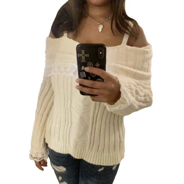 Women's Solid Color Lace Sweater Beige - Shop at LoveMi