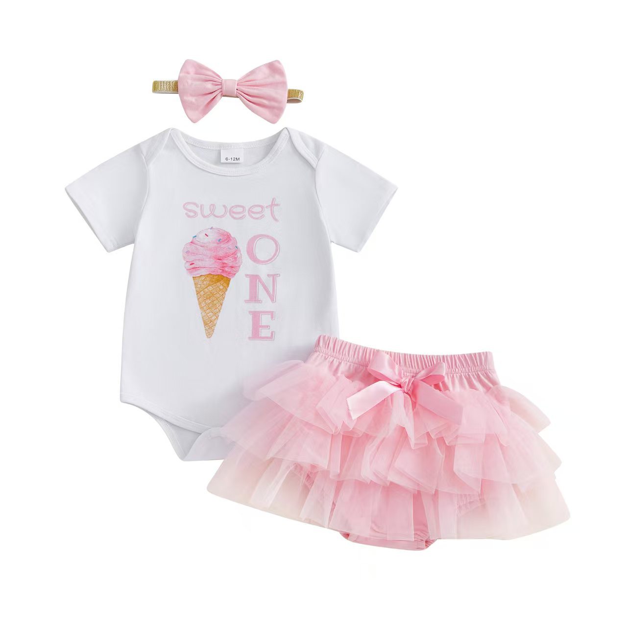 Short-sleeve Romper Mesh Skirt Hair Accessory 3-piece Set