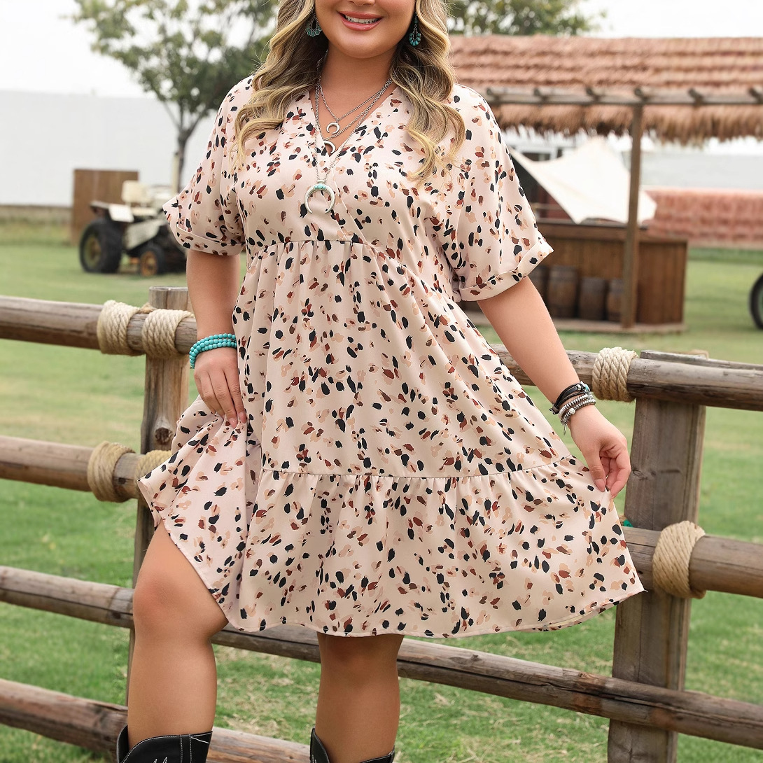 Summer New Fashion V-neck Casual Style Leopard Print Short Sleeve Dress