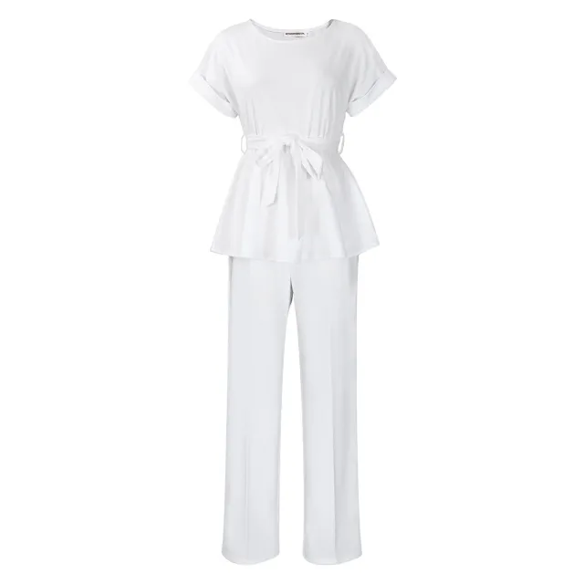 Solid Color Lace up Top High Waist Wide Leg Pants Fashion White - Shop at LoveMi