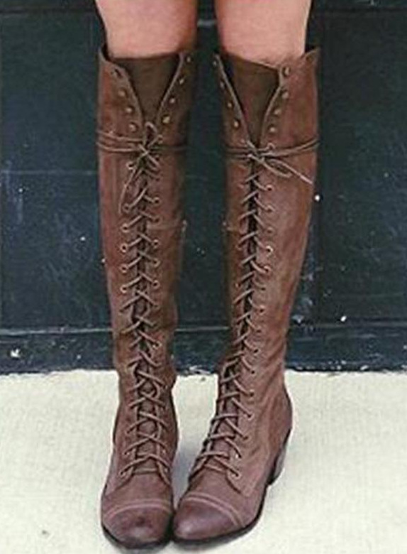 Solid Color Thick Low Heel High-top Lace-up Fashion Women's Boots - Picture 11 of 12