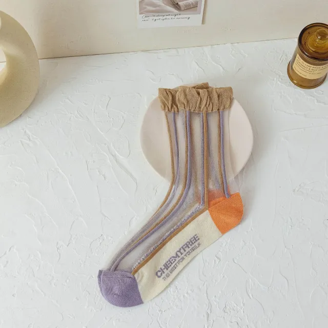 Spring And Summer Thin Cute Kanekalon Diamond Spun Glass Long Socks Purple Coffee Strip - Shop at LoveMi