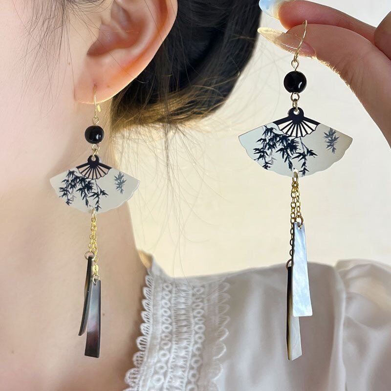 Retro New Chinese Style Ink Bamboo Fan Shaped Tassel Earrings