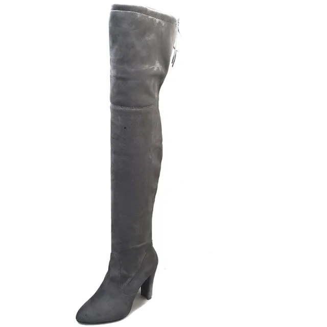 Pointed Toe Chunky Heel Over the knee Boots Springy Thigh Boot Women Gray - Shop at LoveMi