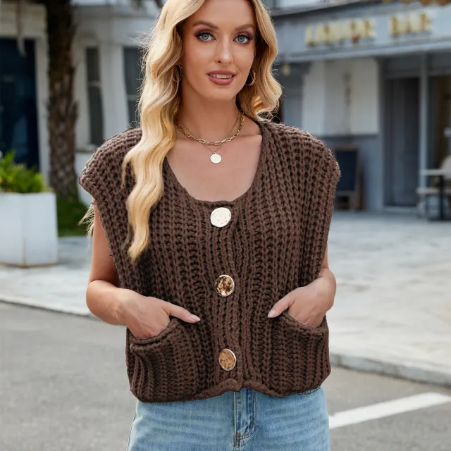 Women's V neck Three button Sleeveless Cardigan Chocolate - Shop at LoveMi