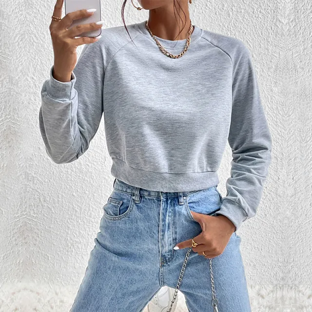 European And American Long Sleeve Round Neck Solid Color Hoodie Women Gray - Shop at LoveMi