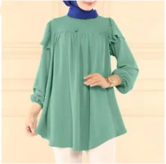 Solid Color Long Sleeve Loose Lotus Leaf Round Neck Top Shirt - Emerald-Xxl - View 1