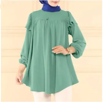 Solid Color Long Sleeve Loose Lotus Leaf Round Neck Top Shirt Emerald Xxl - Shop at LoveMi
