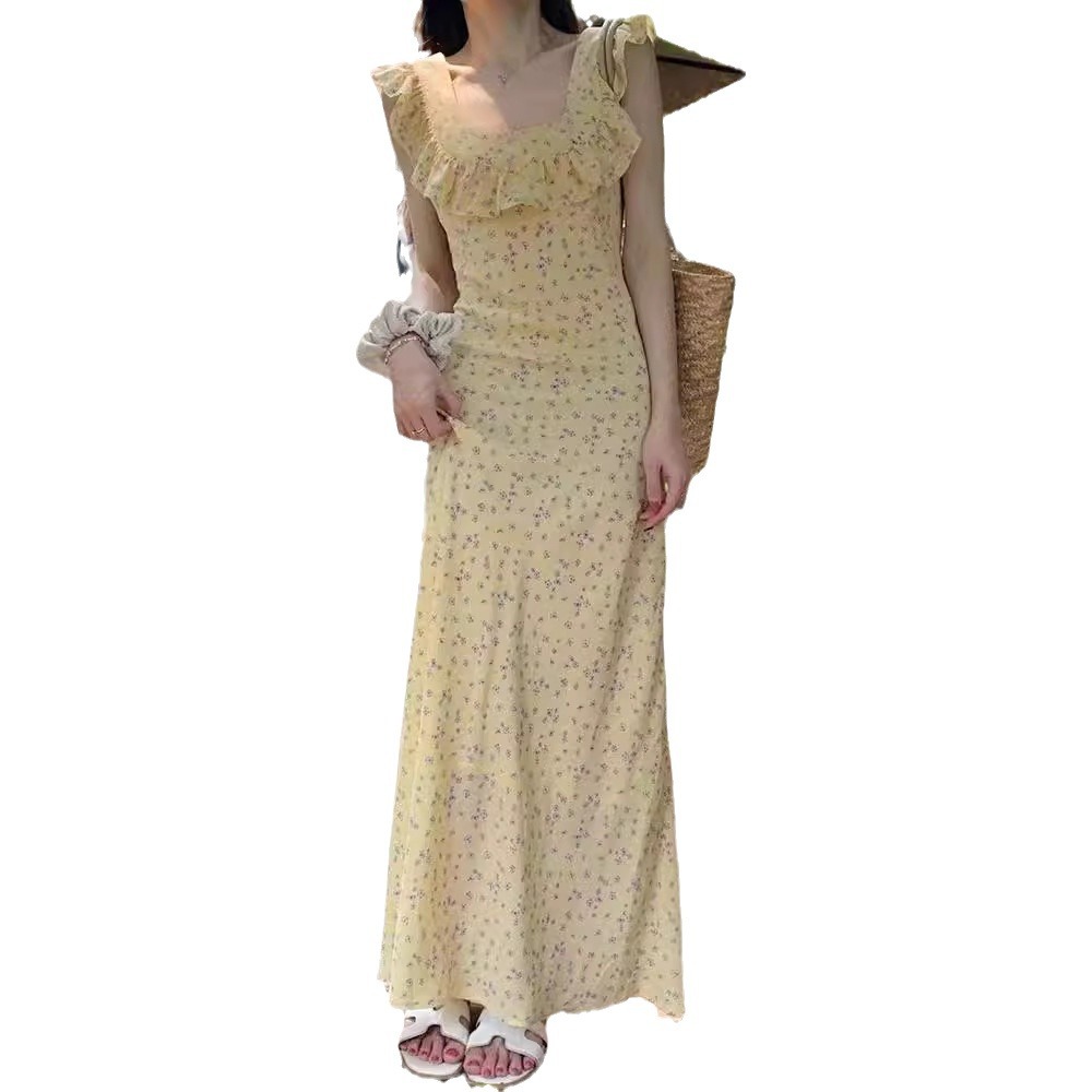 New French Style Vintage Floral Dress Mid-length Temperament