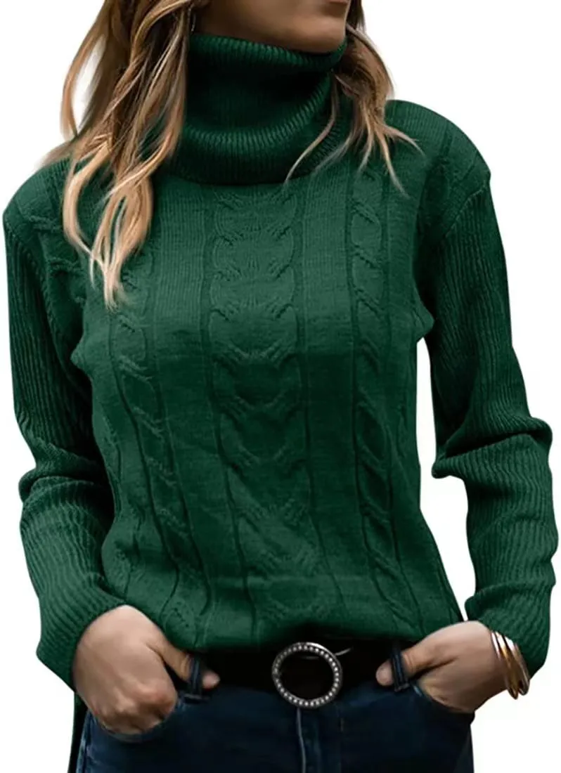Solid Colour Turtleneck Sweater Retro Long Sleeve Sweater - Green