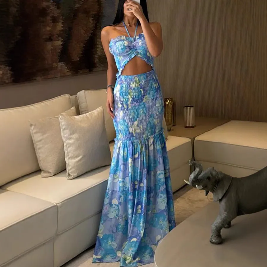 Halterneck Printed Pleated Dress Loose - Colorful Blue Printing Flower