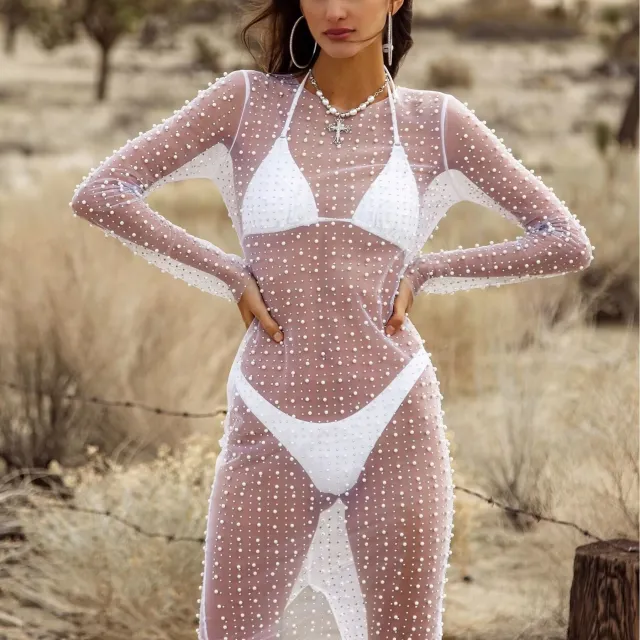 Fashion Bead Rhinestone Blouse Mesh Long Sleeve Dress White - Shop at LoveMi