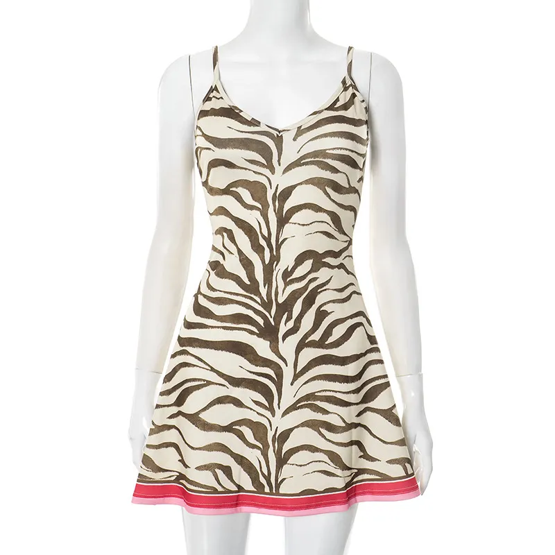 European And American Contrast Color V-neck Brace Sexy Print Dress - Leopard Print