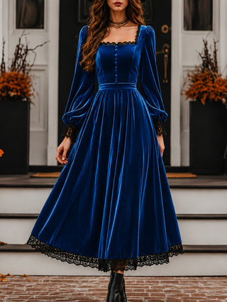 Square-neck Lace-panel Velvet Dress — foto 6
