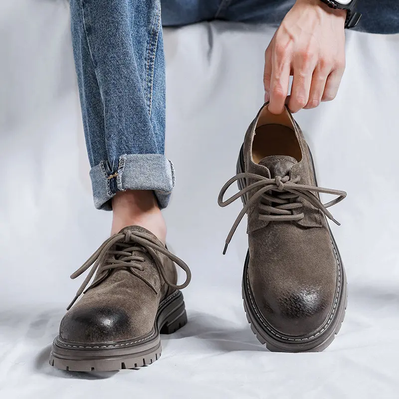 Youthful Round-toe Mens British-style Casual Pigskin Mid-heel