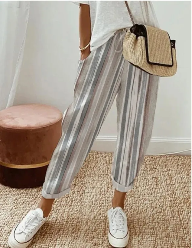Printed Pocket Fashion Lace-up Straight-leg Trousers - No 5-Xl