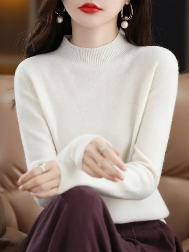 Half collar Wool Sweater Bottoming Shirt Pullover White - Shop at LoveMi