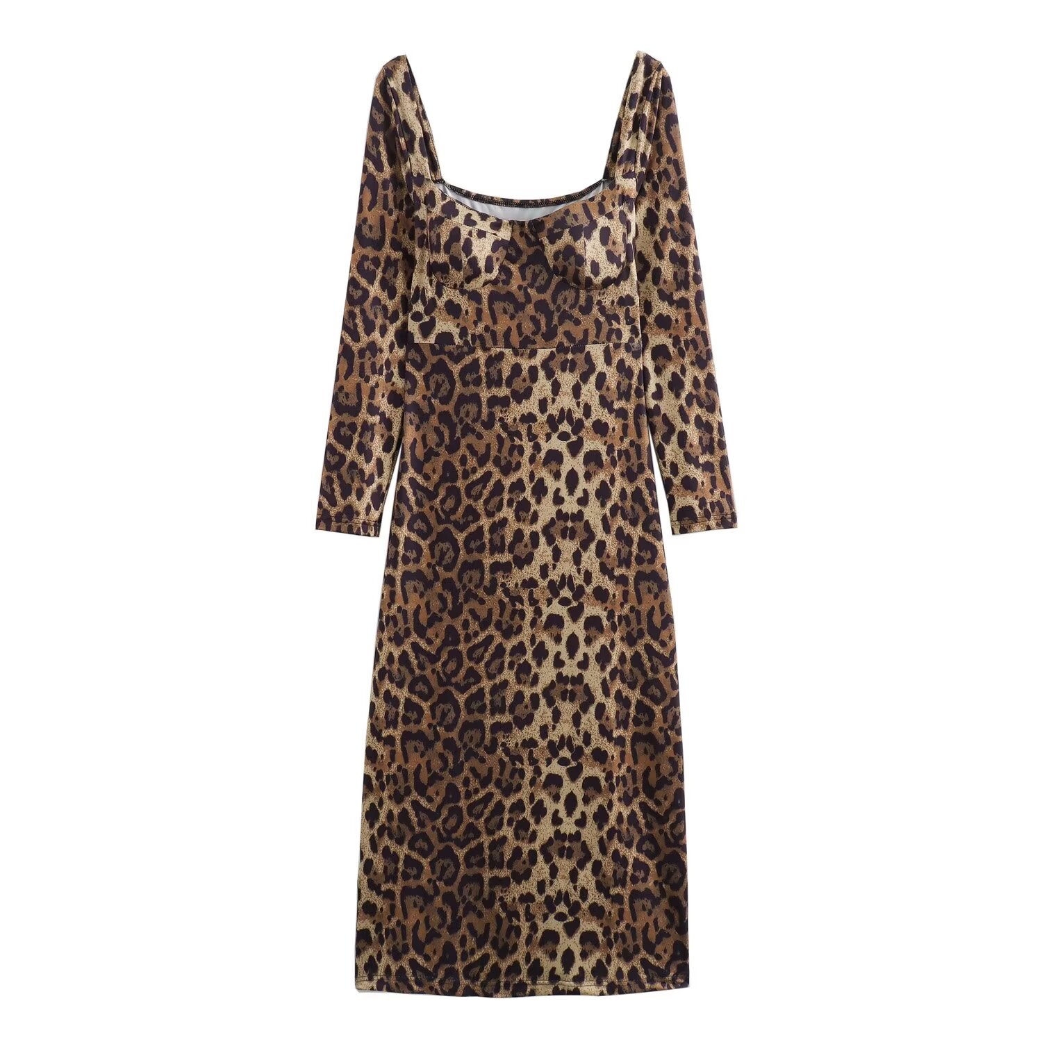Fashion Square Collar Leopard Print Dress Women