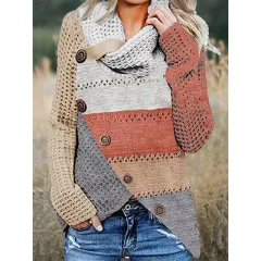 Autumn And Winter Women's Clothing Mixed Colour Stripe Irregular Sweater Button Sweater - Pink - View 1