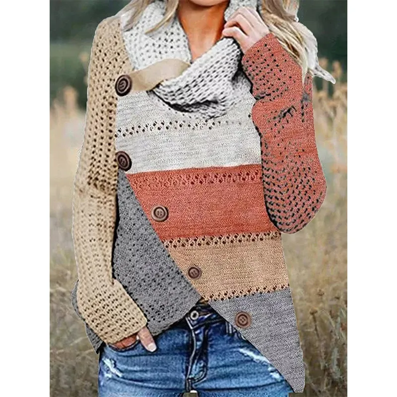 Autumn And Winter Women's Clothing Mixed Color Stripe Irregular Sweater Button Sweater - Pink