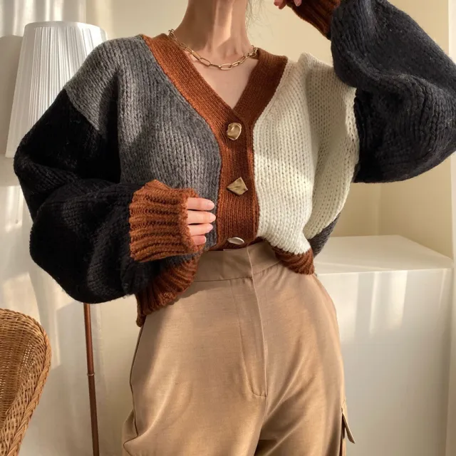 V neck Thickening Thermal Knitting Sweater Coat Light Brown - Shop at LoveMi