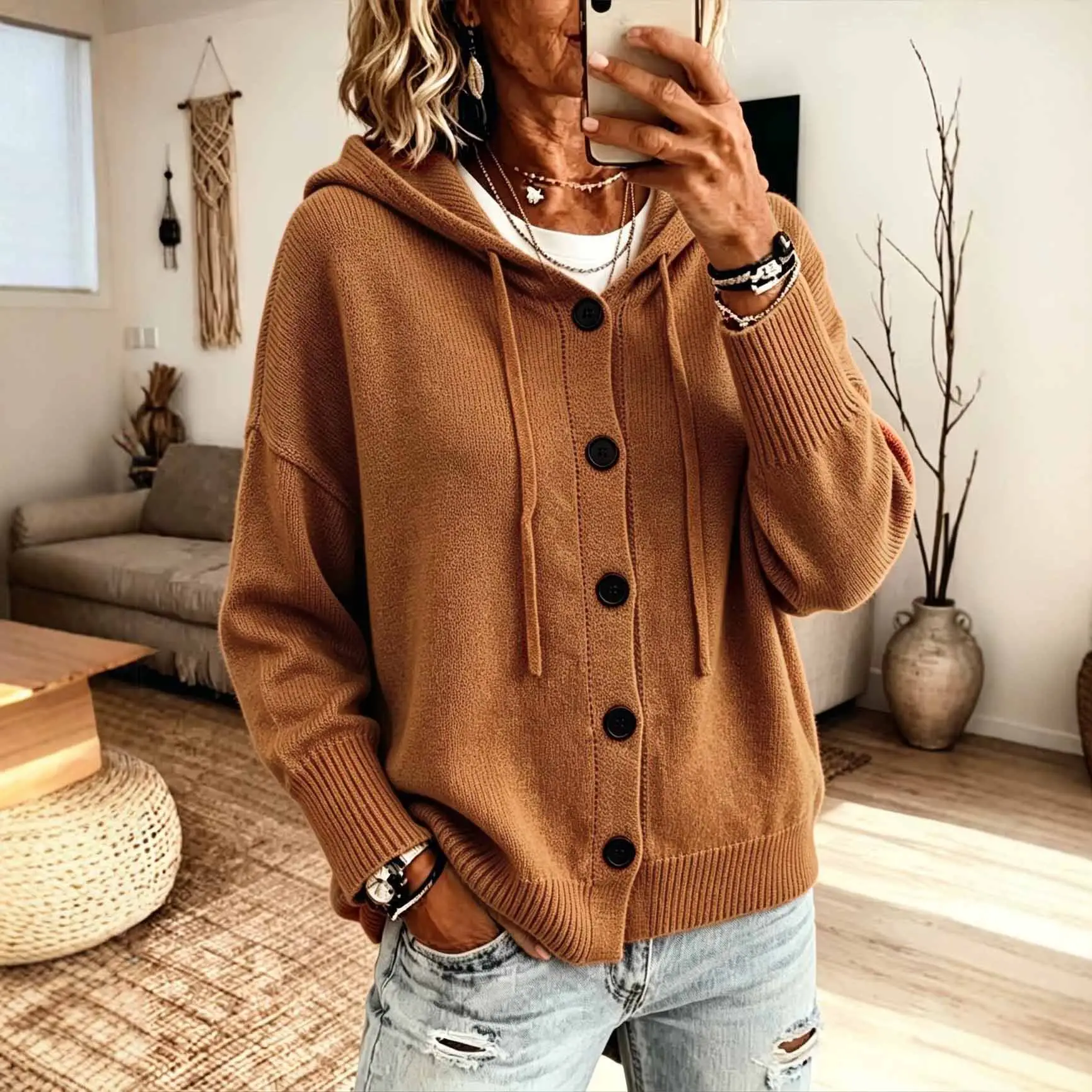 Casual Loose-fit Hooded Cardigan Sweater