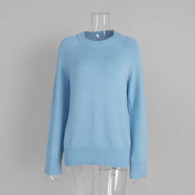 Crew Neck Pullover Sweater Women's Loose Knitted Sweater Sky Blue - Shop at LoveMi