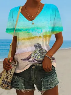 Women's Turtle Print Casual V-neck Short Sleeve - Pattern 5-M - View 1