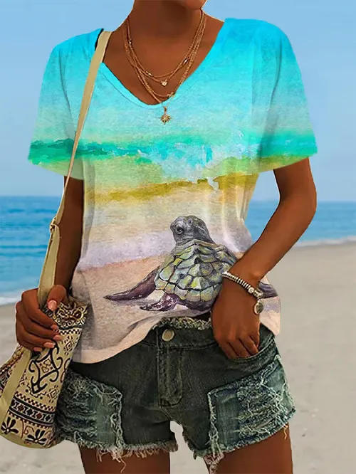 Women's Turtle Print Casual V neck Short Sleeve Pattern 5 M - Shop at LoveMi