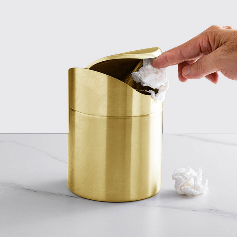 Golden Desktop Trash Can Creative Mini Trash Bin With Lid