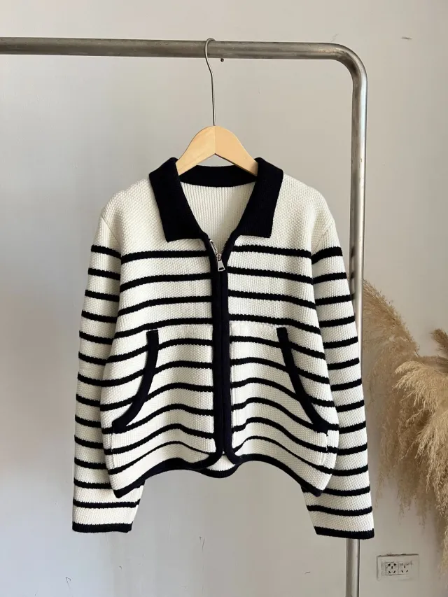 Contrast Color Striped Lapel Knitted Cardigan Autumn And Winter Slimming Sweater Coat Beige - Shop at LoveMi