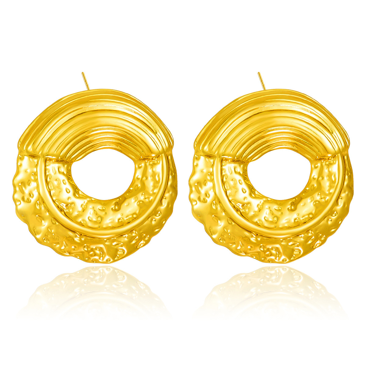 18k Gold Stainless Steel Earrings With A Crinkled Hammered Finish Featuring Hollowed out Circular Hoops Earrings