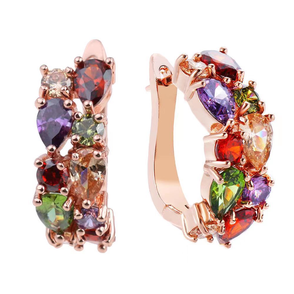 Zircon Ear Clip Luxury Earrings for Women. Product information: Treatment Process: Electroplating Color: colorful, pink, green, sky blue Applicable people: women Material: Alloy Shape: drop-shaped. Packing list: Earrings *1pair. Product Image.