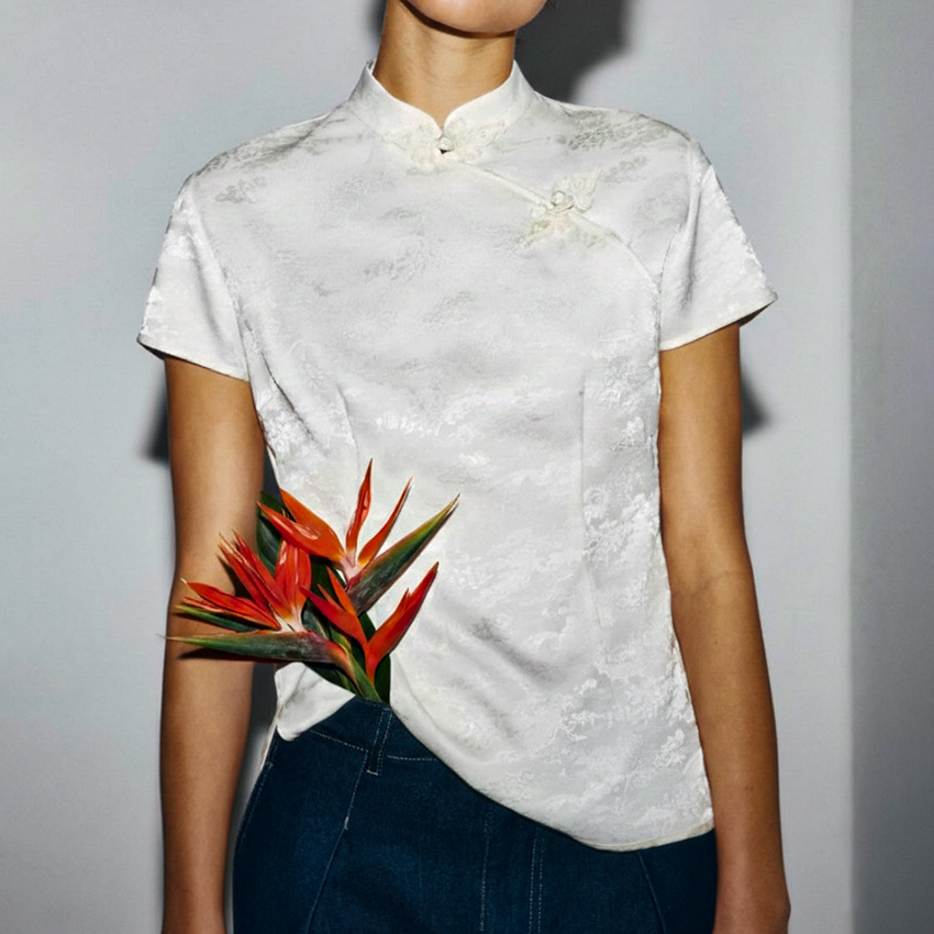 Elegant Satin Stand Neck Vintage Shirt