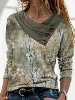 Women's Button Top Square Printed V-neck Loose Casual Long Sleeves T-shirt - Sq1061 A-L - View 1