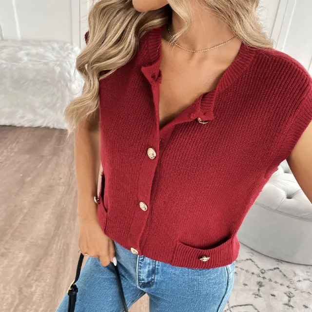 Knitted Round Neck Sleeveless Red Sweater Red - Shop at LoveMi