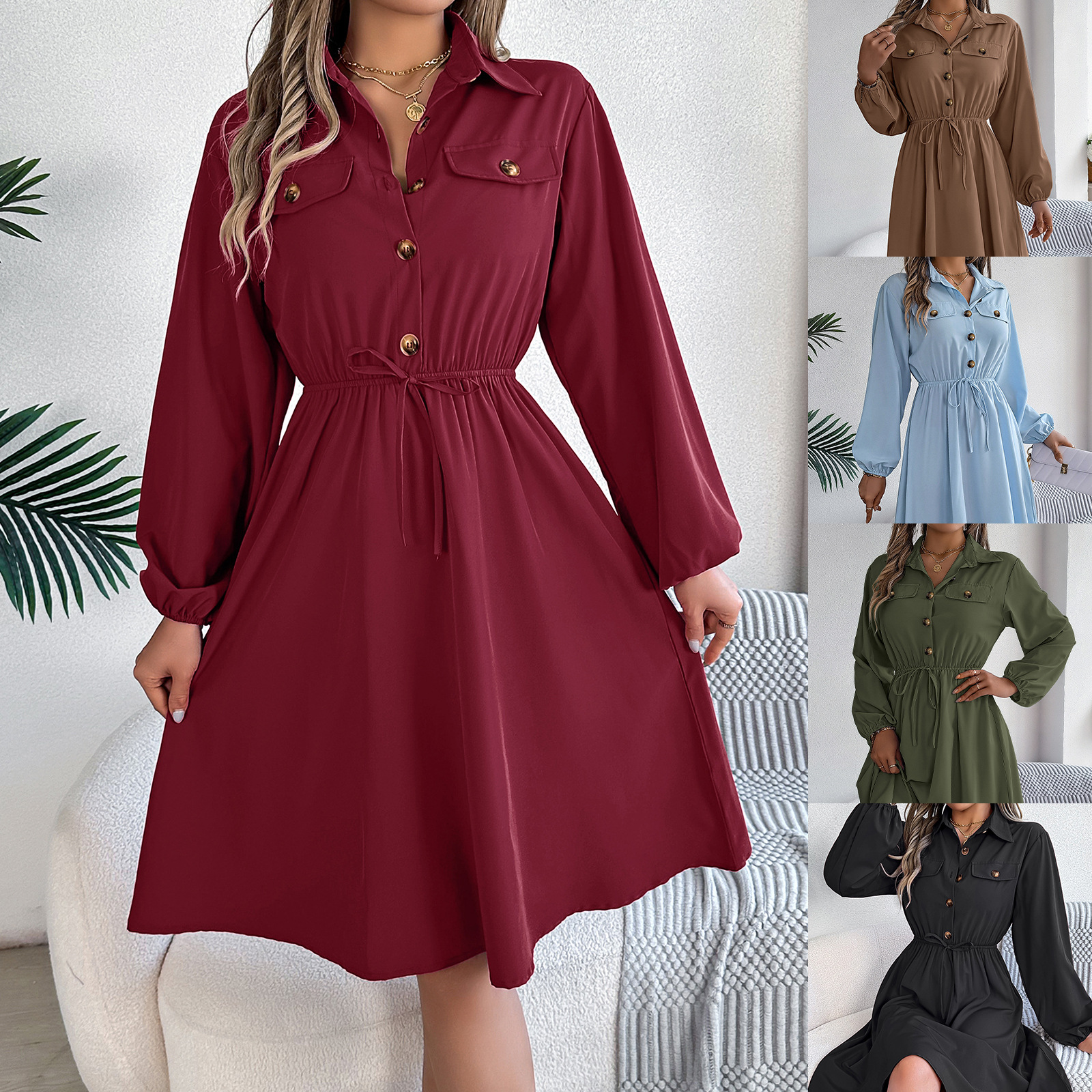 Womens Casual Buttoned Lace-Up Waist-Cinching Long-Sleeve Dress
