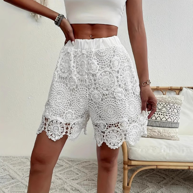 Lace Embroidered Elastic Waist Shorts