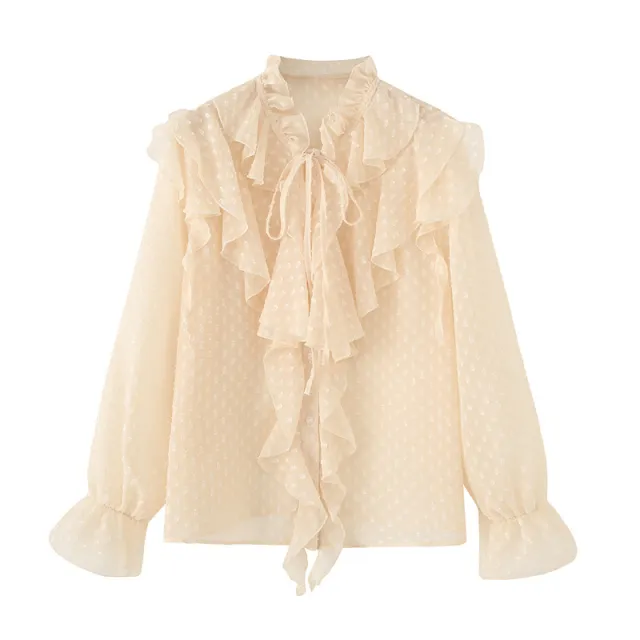 Laminated Decoration French Tulle Long Sleeve Shirt Picture Color Xs - Shop at LoveMi